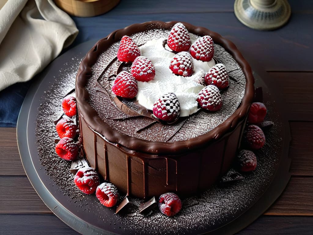  An ultradetailed closeup image of a decadent vegan chocolate cake topped with fresh raspberries and a dusting of powdered sugar. The cake is perfectly moist with layers of rich chocolate ganache in between, and the raspberries glisten with freshness. The powdered sugar delicately sits on top, adding a touch of elegance to the already beautiful dessert. The minimalistic style highlights the intricate details of the cake, making it look both enticing and sophisticated. hyperrealistic, full body, detailed clothing, highly detailed, cinematic lighting, stunningly beautiful, intricate, sharp focus, f/1. 8, 85mm, (centered image composition), (professionally color graded), ((bright soft diffused light)), volumetric fog, trending on instagram, trending on tumblr, HDR 4K, 8K