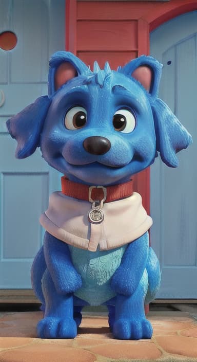  {Max the big blue dog standing in front of a cozy little house with a red door, The big blue dog is large with sky blue fur, big round eyes, a black nose, and floppy ears.