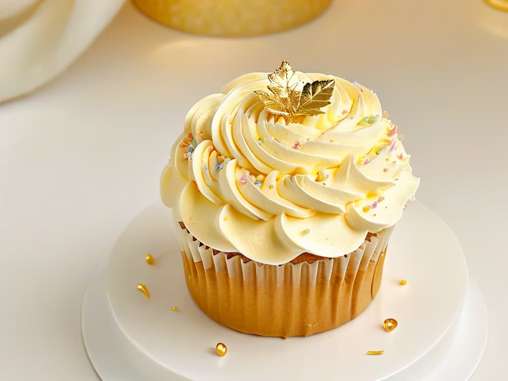  An ultradetailed closeup image of a perfectly frosted cupcake, showcasing intricate swirls of pastelcolored buttercream, delicate sprinkles, and a shimmering edible gold leaf on top, set against a clean white background. hyperrealistic, full body, detailed clothing, highly detailed, cinematic lighting, stunningly beautiful, intricate, sharp focus, f/1. 8, 85mm, (centered image composition), (professionally color graded), ((bright soft diffused light)), volumetric fog, trending on instagram, trending on tumblr, HDR 4K, 8K