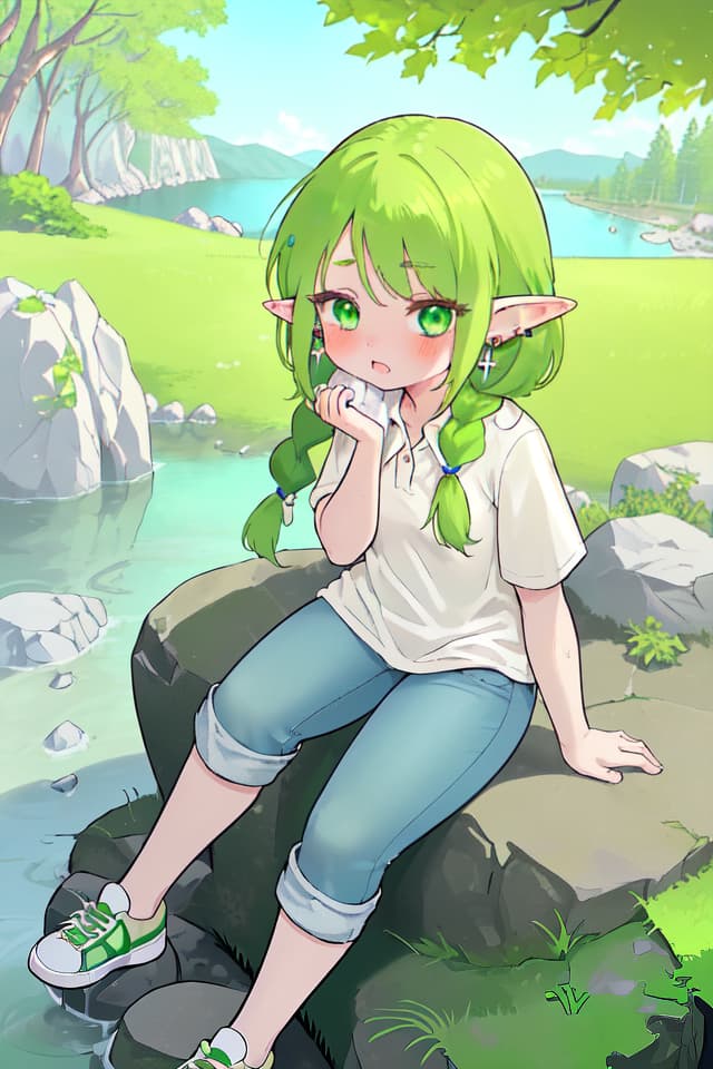  1girl,elf,Braid hair,green hair,earrings ,hot face,look up ,（holding a white towel）,（wipe your face with a towel ）,polo shirt ladies,jeans ladies,sneaker,sit on a rock,lake shore ,midday sunshine,