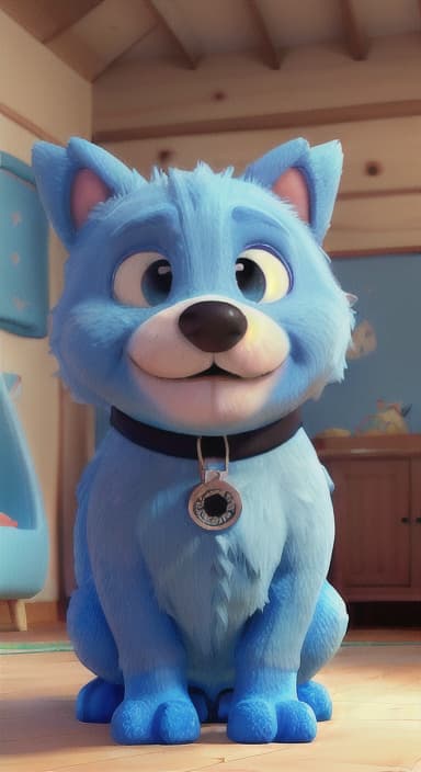  {Max snuggled up in his comfy dog bed inside the house, fast asleep, The big blue dog is large with sky blue fur, big round eyes, a black nose, and floppy ears.