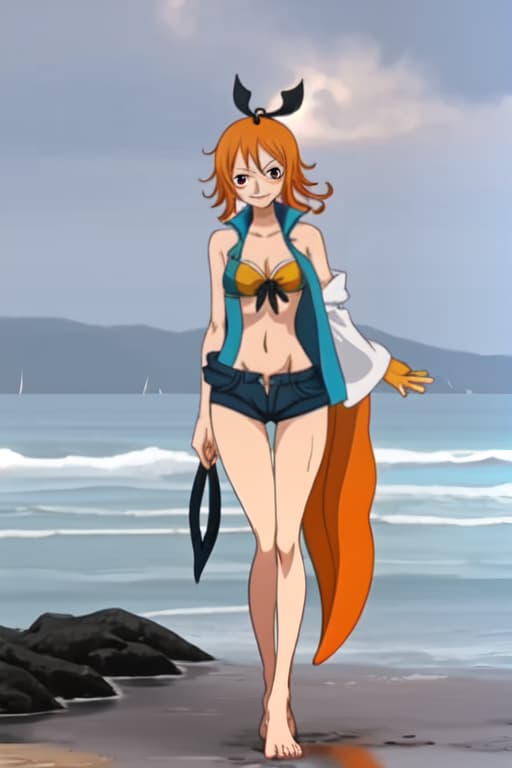  Nami from one piece tweaking in the rain on a beach, full body