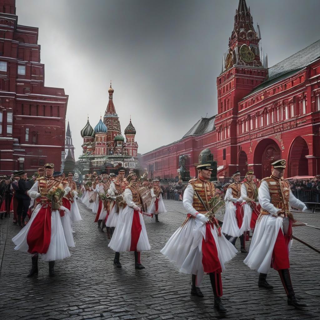  "May 9th Parade Red Square" hyperrealistic, full body, detailed clothing, highly detailed, cinematic lighting, stunningly beautiful, intricate, sharp focus, f/1. 8, 85mm, (centered image composition), (professionally color graded), ((bright soft diffused light)), volumetric fog, trending on instagram, trending on tumblr, HDR 4K, 8K