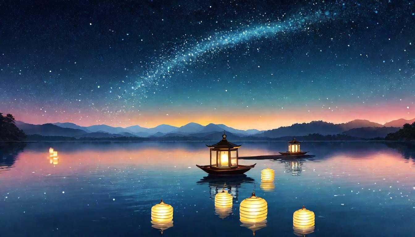  digital illustration A circle of lanterns floating on a serene lake under a starry sky, guiding lights, shared journey, collective path of healing, peaceful co existence, reflection of stars on water, symphony of light looking at viewer, dynamic pose, (intricate details, masterpiece, best quality)