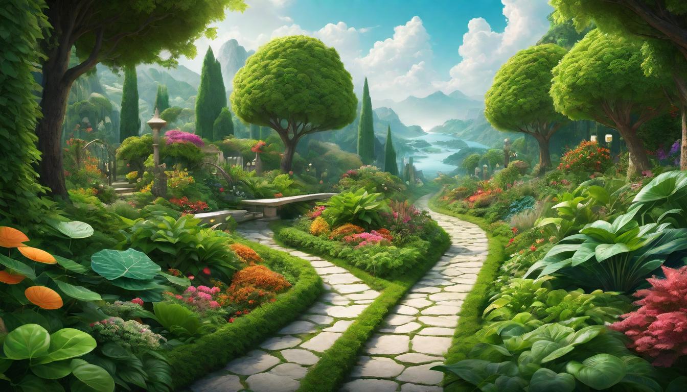  digital illustration, A pathway through a lush garden, split by a line of arcane symbols and everyday objects, the journey of balance, navigating between worlds, looking at viewer, dynamic pose, (intricate details, masterpiece, best quality)