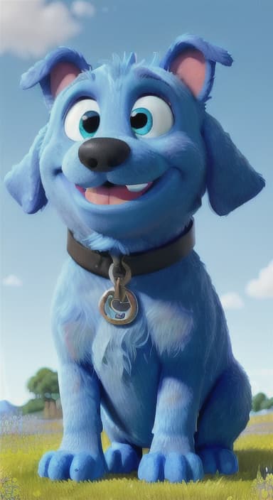  {A happy, big blue dog wagging its tail in a colorful meadow, The big blue dog is large with sky blue fur, big round eyes, a black nose, and floppy ears.