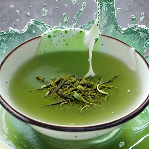  Green tea colliding with flowing milk,