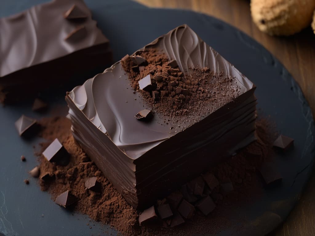  A closeup, ultradetailed image of a stack of rich, dark Belgian chocolate chunks glistening under a soft, natural light. The chunks are irregular in shape, showcasing the premium quality of the chocolate, with visible cocoa butter streaks adding a luxurious touch. The surface they rest on is a sleek, minimalist matte black slate, emphasizing the elegance and highend nature of the product. hyperrealistic, full body, detailed clothing, highly detailed, cinematic lighting, stunningly beautiful, intricate, sharp focus, f/1. 8, 85mm, (centered image composition), (professionally color graded), ((bright soft diffused light)), volumetric fog, trending on instagram, trending on tumblr, HDR 4K, 8K