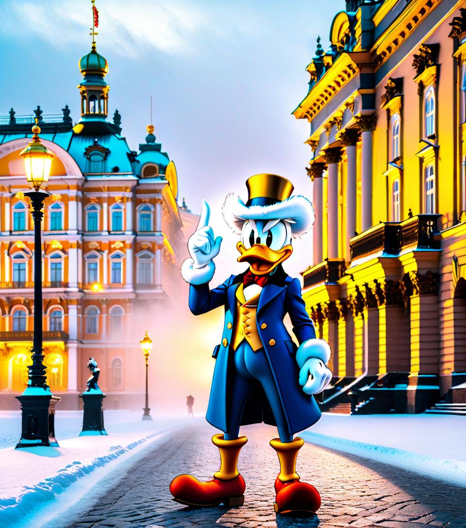  Scrooge McDuck in gold glasses in front of winter palace in Saint Petersburg. hyperrealistic, full body, detailed clothing, highly detailed, cinematic lighting, stunningly beautiful, intricate, sharp focus, f/1. 8, 85mm, (centered image composition), (professionally color graded), ((bright soft diffused light)), volumetric fog, trending on instagram, trending on tumblr, HDR 4K, 8K