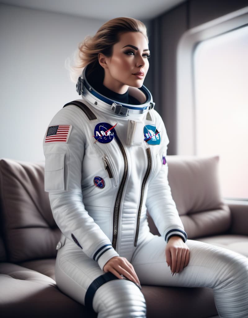  Beautiful young woman, astronaut, unzipped astronaut suit, chest,,, blushing, sitting on sofa,, exhibitionist hyperrealistic, full body, detailed clothing, highly detailed, cinematic lighting, stunningly beautiful, intricate, sharp focus, f/1. 8, 85mm, (centered image composition), (professionally color graded), ((bright soft diffused light)), volumetric fog, trending on instagram, trending on tumblr, HDR 4K, 8K