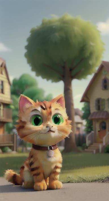  {A sunny day in a small, cozy neighborhood with trees and houses., A small, fluffy orange cat named Whiskers, with bright green eyes and a playful expression. The neighbors are kind and friendly looking people of all ages.