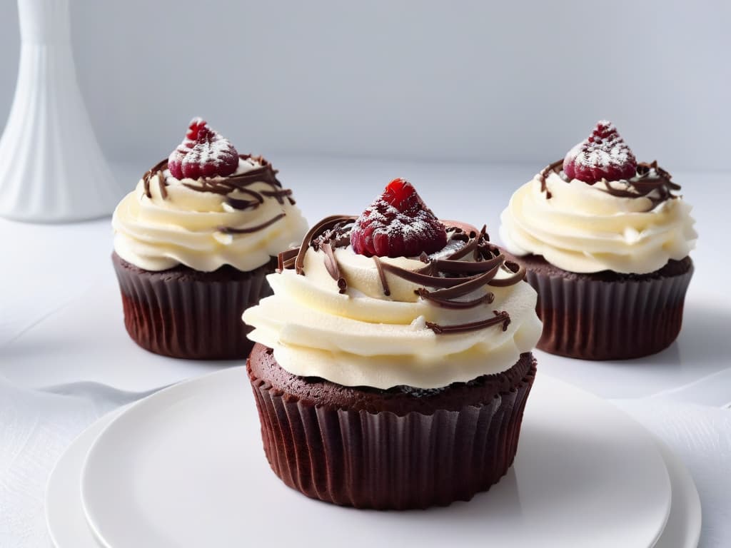  A closeup, ultradetailed image of a perfectly frosted vegan chocolate cupcake, topped with a single fresh raspberry and delicate chocolate shavings, set on a sleek, modern white plate with a hint of soft, diffused natural light highlighting the textures and colors of the dessert. hyperrealistic, full body, detailed clothing, highly detailed, cinematic lighting, stunningly beautiful, intricate, sharp focus, f/1. 8, 85mm, (centered image composition), (professionally color graded), ((bright soft diffused light)), volumetric fog, trending on instagram, trending on tumblr, HDR 4K, 8K