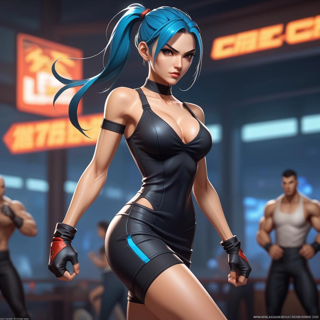  fighting game style The girl, tight, skinny slip dress, no, short,, leggings. . dynamic, vibrant, action-packed, detailed character design, reminiscent of fighting video games