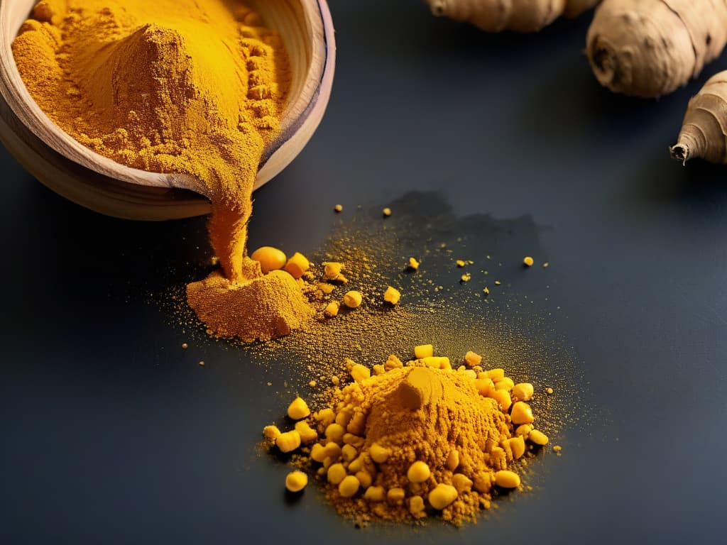  A closeup, ultrahighresolution image of a vibrant yellow turmeric root, with intricate details and textures visible on the surface. The root is surrounded by a sprinkle of ground turmeric powder, showcasing the transition from raw to processed form, all against a simple, clean background to emphasize the purity and essence of this versatile spice. hyperrealistic, full body, detailed clothing, highly detailed, cinematic lighting, stunningly beautiful, intricate, sharp focus, f/1. 8, 85mm, (centered image composition), (professionally color graded), ((bright soft diffused light)), volumetric fog, trending on instagram, trending on tumblr, HDR 4K, 8K