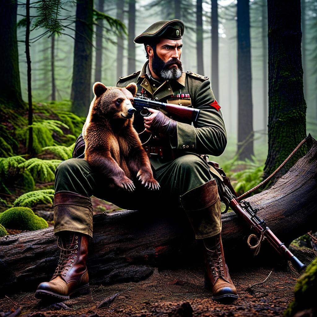  A bearded hunter sits on a log in the forest, tired, holding a bear trap in his hands, a rifle on his back, wearing boots and the uniform of a World War I officer. A zombie hangs from a tree. Post apocalyptic scene. There are rocks in the background. hyperrealistic, full body, detailed clothing, highly detailed, cinematic lighting, stunningly beautiful, intricate, sharp focus, f/1. 8, 85mm, (centered image composition), (professionally color graded), ((bright soft diffused light)), volumetric fog, trending on instagram, trending on tumblr, HDR 4K, 8K