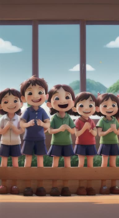  {A heartwarming scene of all the children waving goodbye with happy expressions., Children waving with wide smiles, looking grateful and content.