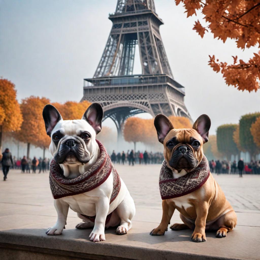  French bulldog wearing a scarf standing in front of the Eiffel Tower hyperrealistic, full body, detailed clothing, highly detailed, cinematic lighting, stunningly beautiful, intricate, sharp focus, f/1. 8, 85mm, (centered image composition), (professionally color graded), ((bright soft diffused light)), volumetric fog, trending on instagram, trending on tumblr, HDR 4K, 8K