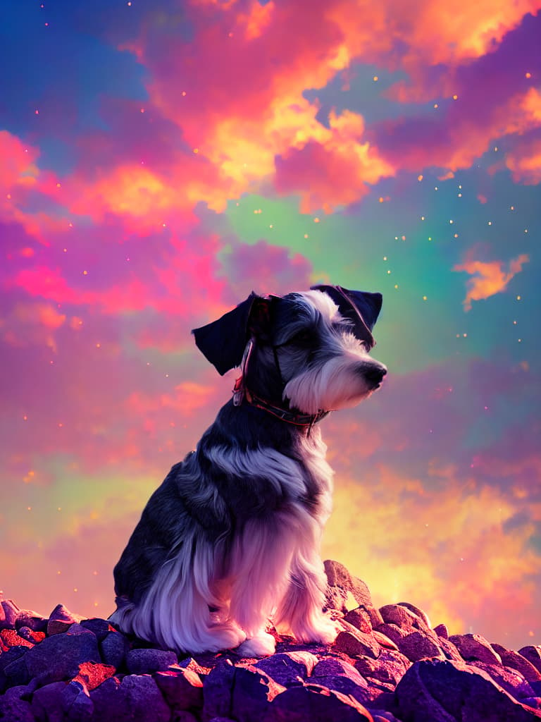  galaxy environment, Capturing A whimsical, a Miniature Schnauzer, winter spring wind rainbow a sprinkle of edible glitter in an unopenable dream magical jar, trippy, 8k, vivid, ultra detalis, colorfull lighting, surreal photography, portrait,  hyperrealistic, full body, detailed clothing, highly detailed, cinematic lighting, stunningly beautiful, intricate, sharp focus, f/1. 8, 85mm, (centered image composition), (professionally color graded), ((bright soft diffused light)), volumetric fog, trending on instagram, trending on tumblr, HDR 4K, 8K