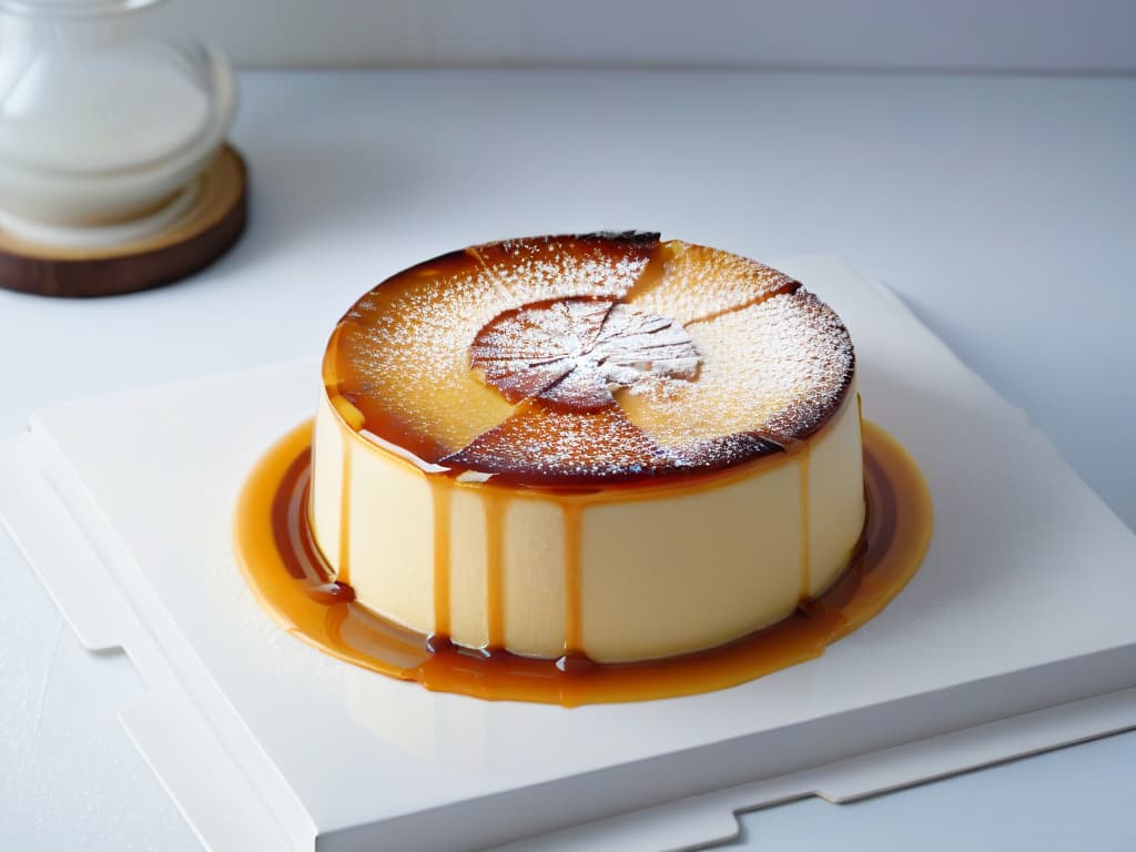  An ultradetailed closeup image of a perfectly caramelized flan with a smooth, velvety texture, glistening under a soft, natural light. The custard appears to be firm yet delicately creamy, showcasing a flawless texture that promises a delectable dessert experience. The caramel drizzle on top is elegantly cascading down the sides, adding a touch of elegance to the minimalistic composition. hyperrealistic, full body, detailed clothing, highly detailed, cinematic lighting, stunningly beautiful, intricate, sharp focus, f/1. 8, 85mm, (centered image composition), (professionally color graded), ((bright soft diffused light)), volumetric fog, trending on instagram, trending on tumblr, HDR 4K, 8K