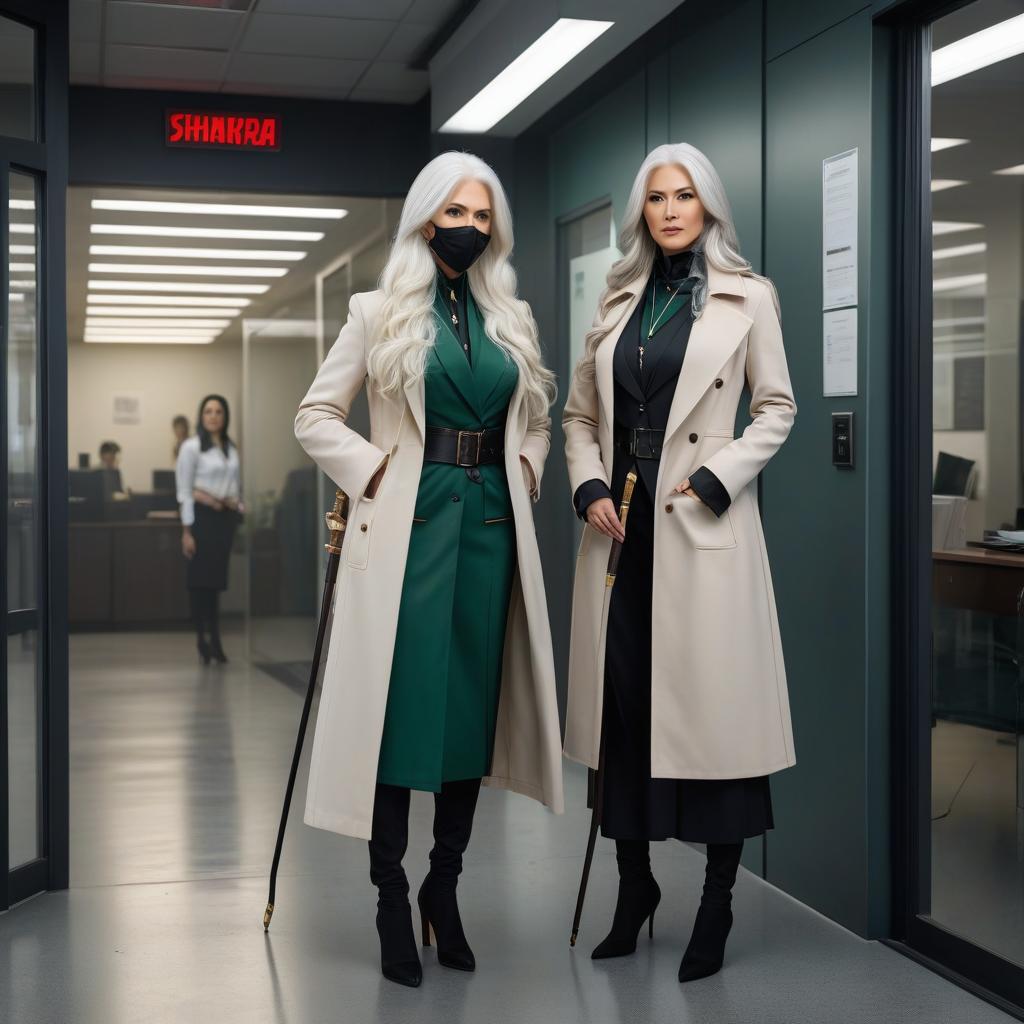  Two women stand next to the entrance of an office. One woman has long white hair and golden eyes, the other has long black hair and green tinted eyes. Both women are wearing coats. The woman with black hair holds a cane, and she is wearing a full face mask. hyperrealistic, full body, detailed clothing, highly detailed, cinematic lighting, stunningly beautiful, intricate, sharp focus, f/1. 8, 85mm, (centered image composition), (professionally color graded), ((bright soft diffused light)), volumetric fog, trending on instagram, trending on tumblr, HDR 4K, 8K