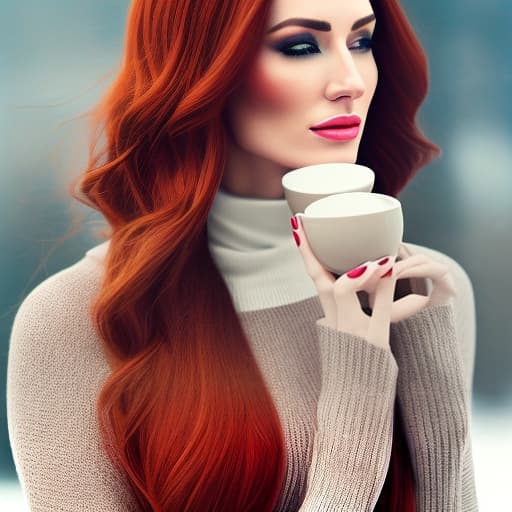 dublex style Redhead girl, pretty cold look, winter, drinking coffee hyperrealistic, full body, detailed clothing, highly detailed, cinematic lighting, stunningly beautiful, intricate, sharp focus, f/1. 8, 85mm, (centered image composition), (professionally color graded), ((bright soft diffused light)), volumetric fog, trending on instagram, trending on tumblr, HDR 4K, 8K