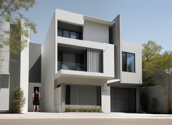  Street view of the house, modern architectural style, aluminum doors, white and dark gray tones, rendered with beautiful bright daylight
