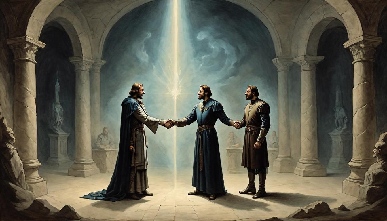  on parchment, surrealism+++, Two figures shaking hands in a darkened room, one area illuminated by a single beam of light, alliance formed amidst rivalry, secretive pact(mysterious, provocative, symbolic,muted color)+++