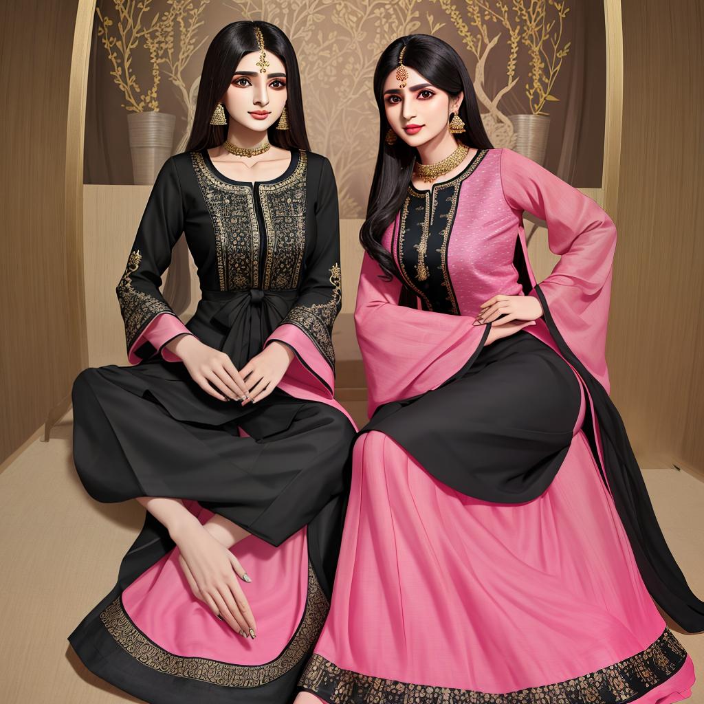  masterpiece, best quality,Elegant waist length kurti indian style with black sharara at bottom and black dupatta on top.should have embroidery patch work around neckline and .colour of kurti pink, long sleeves straight kurti ,