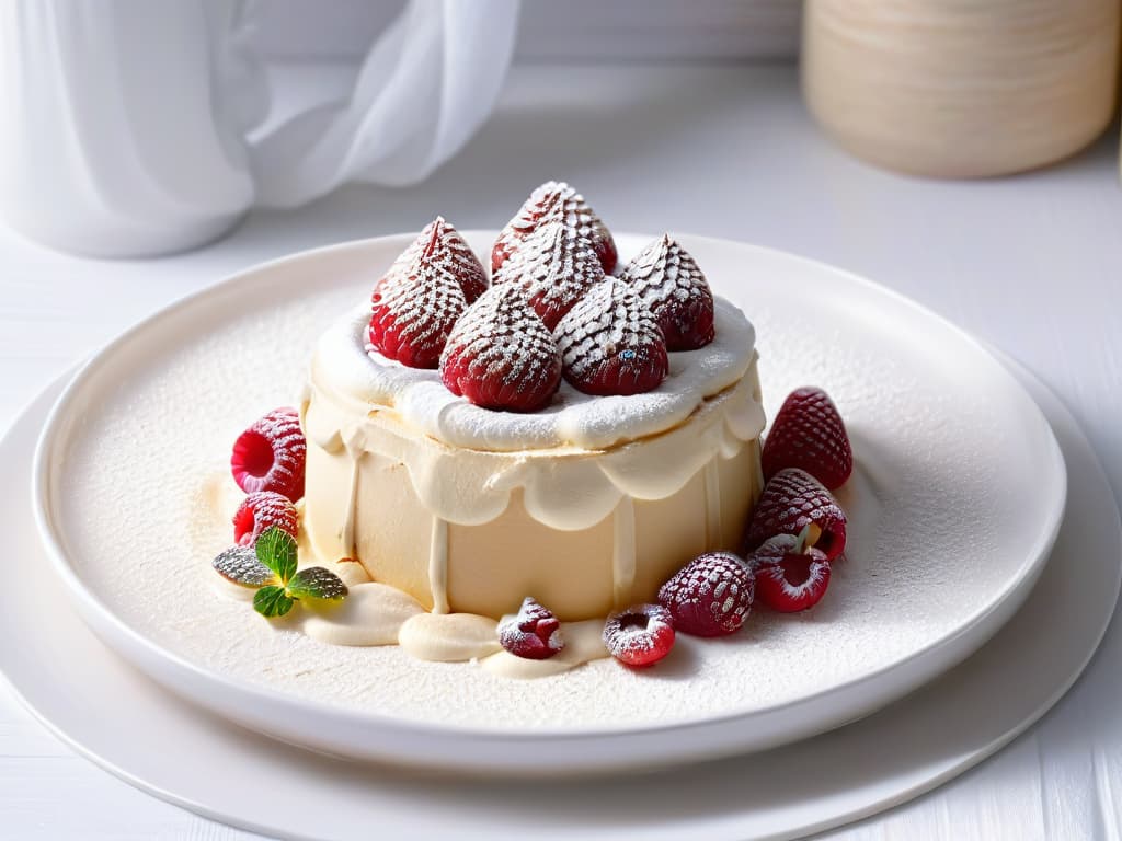  An 8k ultradetailed image of a beautifully plated Mont Blanc dessert on a white, minimalist ceramic plate. The dessert consists of swirls of chestnut cream topped with delicate meringue peaks, garnished with fresh raspberries and a dusting of powdered sugar. The background is softly blurred to keep the focus on the exquisite details of the dessert presentation, highlighting the elegance and sophistication of this French delicacy. hyperrealistic, full body, detailed clothing, highly detailed, cinematic lighting, stunningly beautiful, intricate, sharp focus, f/1. 8, 85mm, (centered image composition), (professionally color graded), ((bright soft diffused light)), volumetric fog, trending on instagram, trending on tumblr, HDR 4K, 8K