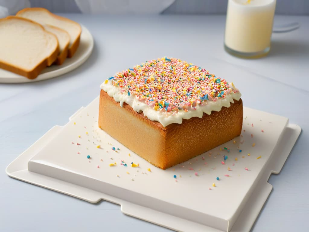  An ultradetailed image of a slice of Fairy Bread placed on a sleek, modern white plate. The bread is perfectly toasted to a golden brown, with a generous layer of colorful sprinkles covering every inch. The sprinkles shimmer under a soft, natural light, highlighting their vibrant hues of pink, blue, and yellow. The plate sits on a marble countertop, adding a touch of elegance to the overall composition. hyperrealistic, full body, detailed clothing, highly detailed, cinematic lighting, stunningly beautiful, intricate, sharp focus, f/1. 8, 85mm, (centered image composition), (professionally color graded), ((bright soft diffused light)), volumetric fog, trending on instagram, trending on tumblr, HDR 4K, 8K