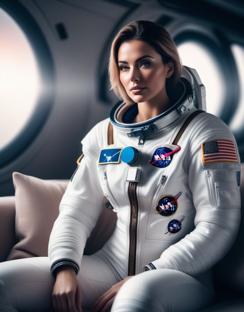  Beautiful young woman, astronaut, unzipped astronaut suit, chest,,, blushing, sitting on sofa hyperrealistic, full body, detailed clothing, highly detailed, cinematic lighting, stunningly beautiful, intricate, sharp focus, f/1. 8, 85mm, (centered image composition), (professionally color graded), ((bright soft diffused light)), volumetric fog, trending on instagram, trending on tumblr, HDR 4K, 8K