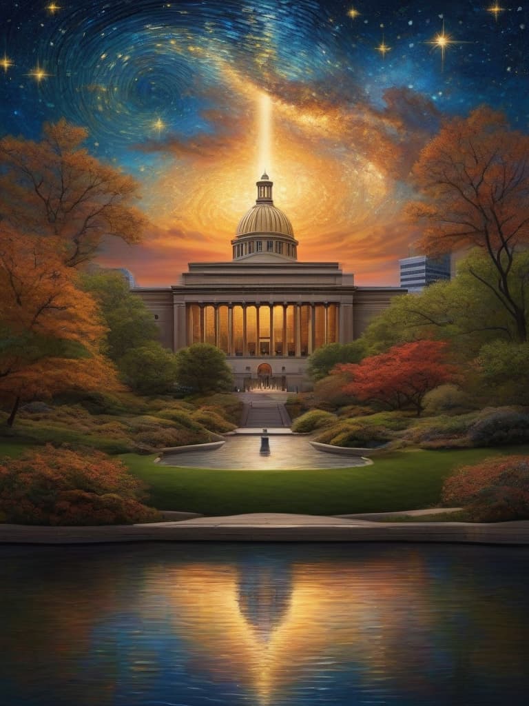  create image. Hyper realistic, Chicago's Museum Campus, Shedd Aquarium, Planetarium and Musem of Natural History, in the style of starry, starry night by Van Gogh, intricate details, epic flambient golden sunrise, dramatic lighting, highly detailed, epic composition, wide angle, cinematic,