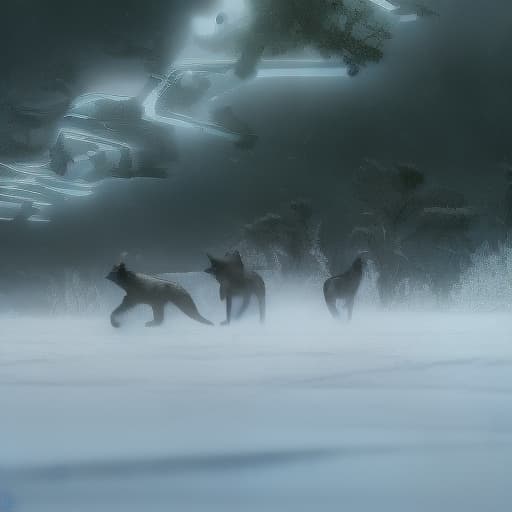 trnlgcy A dark pack of wolves runs in the night forest, moon, big stars hyperrealistic, full body, detailed clothing, highly detailed, cinematic lighting, stunningly beautiful, intricate, sharp focus, f/1. 8, 85mm, (centered image composition), (professionally color graded), ((bright soft diffused light)), volumetric fog, trending on instagram, trending on tumblr, HDR 4K, 8K