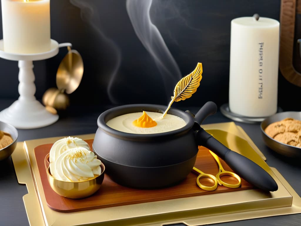  An image of a sleek, minimalistic kitchen countertop featuring a set of Harry Potterthemed baking utensils neatly arranged: a golden snitch cookie cutter, a wandshaped whisk, a cauldron measuring cup set, and a lightning boltshaped icing spatula, all in elegant black and gold tones. The background is a soft, blurred kitchen setting with warm natural light streaming in, creating a cozy and inviting atmosphere for magical baking adventures. hyperrealistic, full body, detailed clothing, highly detailed, cinematic lighting, stunningly beautiful, intricate, sharp focus, f/1. 8, 85mm, (centered image composition), (professionally color graded), ((bright soft diffused light)), volumetric fog, trending on instagram, trending on tumblr, HDR 4K, 8K