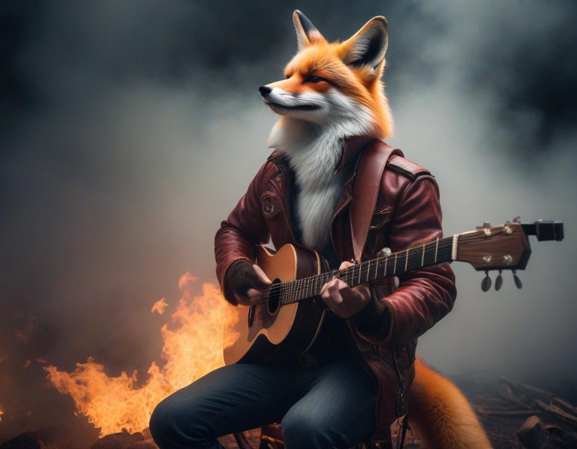  The fire fox plays the guitar and sings. hyperrealistic, full body, detailed clothing, highly detailed, cinematic lighting, stunningly beautiful, intricate, sharp focus, f/1. 8, 85mm, (centered image composition), (professionally color graded), ((bright soft diffused light)), volumetric fog, trending on instagram, trending on tumblr, HDR 4K, 8K