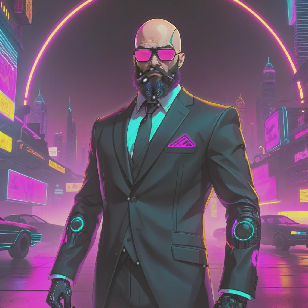  retro cyberpunk bald bearded in black suit . 80's inspired, synthwave, neon, vibrant, detailed, retro futurism hyperrealistic, full body, detailed clothing, highly detailed, cinematic lighting, stunningly beautiful, intricate, sharp focus, f/1. 8, 85mm, (centered image composition), (professionally color graded), ((bright soft diffused light)), volumetric fog, trending on instagram, trending on tumblr, HDR 4K, 8K