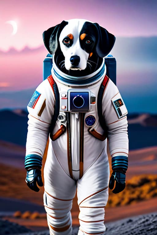  3 little Dogs Dalmatian , in space suits on the Moon , high detailed , 8K hyperrealistic, full body, detailed clothing, highly detailed, cinematic lighting, stunningly beautiful, intricate, sharp focus, f/1. 8, 85mm, (centered image composition), (professionally color graded), ((bright soft diffused light)), volumetric fog, trending on instagram, trending on tumblr, HDR 4K, 8K