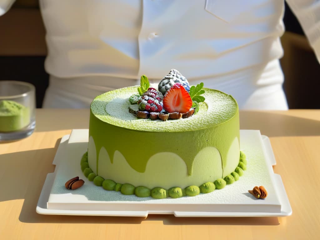  An 8k ultradetailed image of a master pastry chef meticulously dusting vibrant green, topquality matcha powder over an elegantly crafted matchainfused dessert. The dessert, a decadent matcha tiramisu, is displayed on a minimalist, zeninspired plate, creating a visually stunning contrast. The chef's focused expression and precise hand movements exude professionalism and dedication to the art of matchainfused desserts, while the soft ambient lighting enhances the photorealistic quality of the scene, making viewers almost able to taste the harmonious blend of flavors through the screen. hyperrealistic, full body, detailed clothing, highly detailed, cinematic lighting, stunningly beautiful, intricate, sharp focus, f/1. 8, 85mm, (centered image composition), (professionally color graded), ((bright soft diffused light)), volumetric fog, trending on instagram, trending on tumblr, HDR 4K, 8K