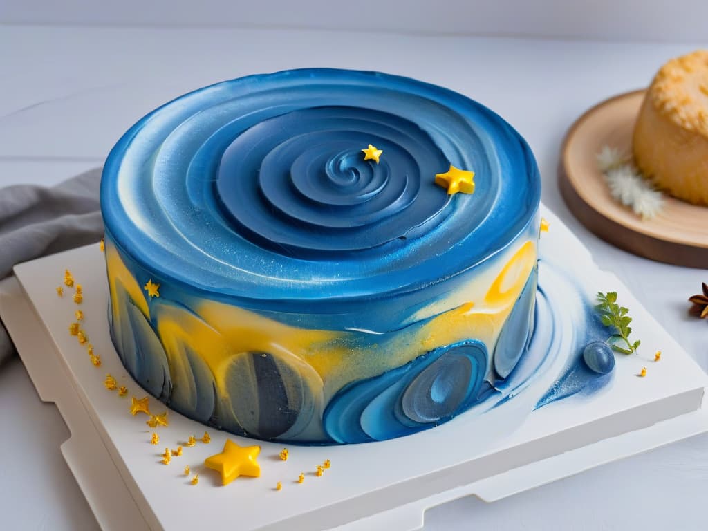  An ultradetailed 8k image of a minimalist dessert inspired by Vincent van Gogh's "Starry Night," featuring a delicately painted swirl of blue and yellow edible colors on a pristine white plate. The dessert is elegantly garnished with tiny edible silver stars and a dusting of edible shimmer, creating a visually stunning and artistic culinary masterpiece. hyperrealistic, full body, detailed clothing, highly detailed, cinematic lighting, stunningly beautiful, intricate, sharp focus, f/1. 8, 85mm, (centered image composition), (professionally color graded), ((bright soft diffused light)), volumetric fog, trending on instagram, trending on tumblr, HDR 4K, 8K