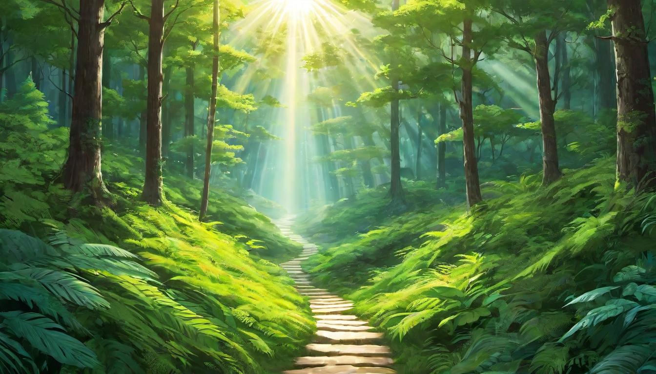  digital illustration A path winding through a tranquil forest, lit by scattered rays of sunlight, symbolizing the journey of integration and healing, peaceful, enlightening. looking at viewer, dynamic pose, (intricate details, masterpiece, best quality)