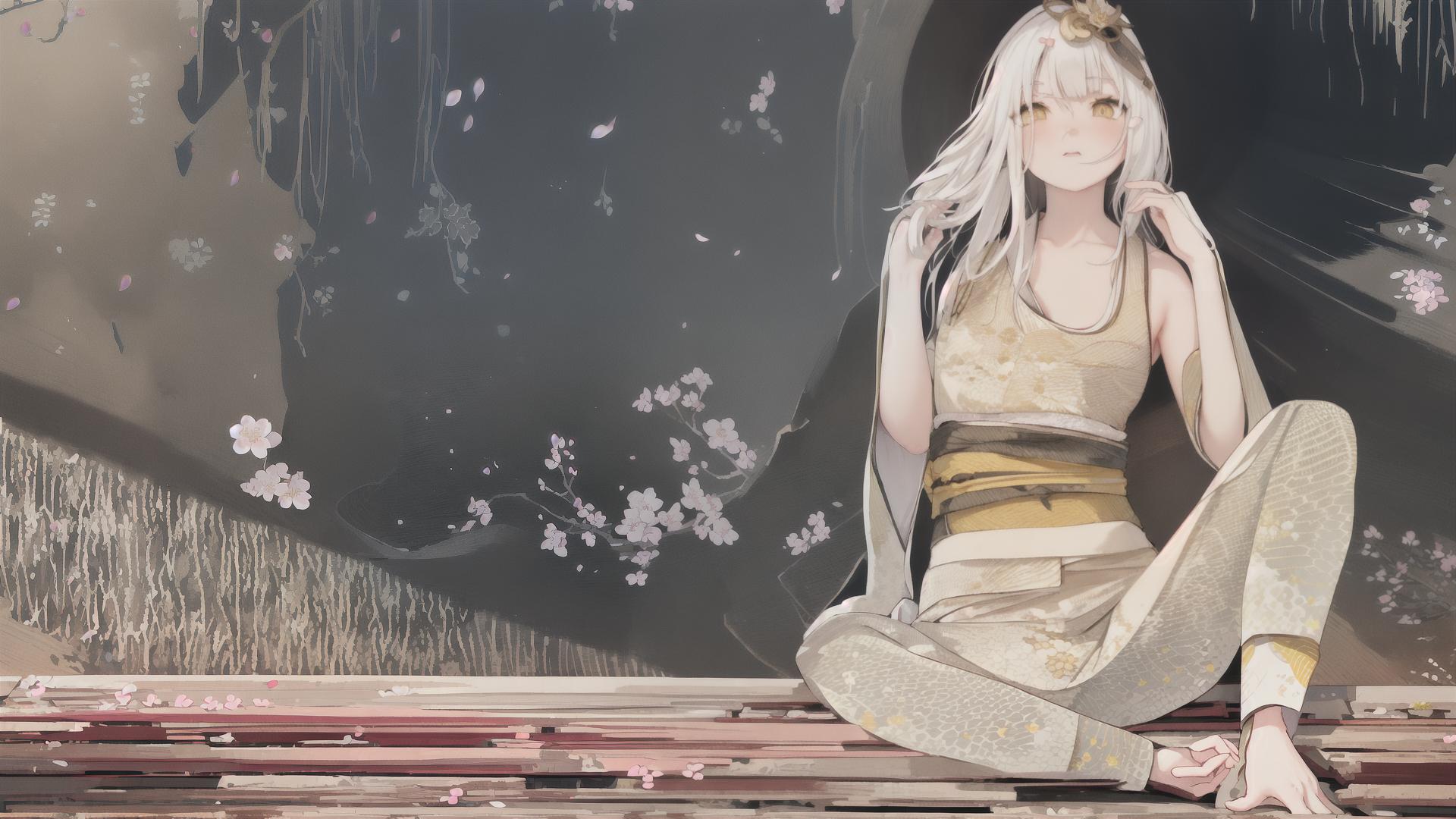  masterpiece, best quality, yellow eyes, white hair, stairs, standing, kimono, sky, cherry blossoms, temple, looking at viewer, upper body, from below, looking back