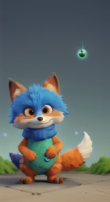  {Error the fox pressing the blue button with his paw, looking puzzled as nothing occurs., Error is a small, bright orange fox with a fluffy tail and big, inquisitive eyes. He has a mischievous yet kind expression and wears a tiny green scarf.