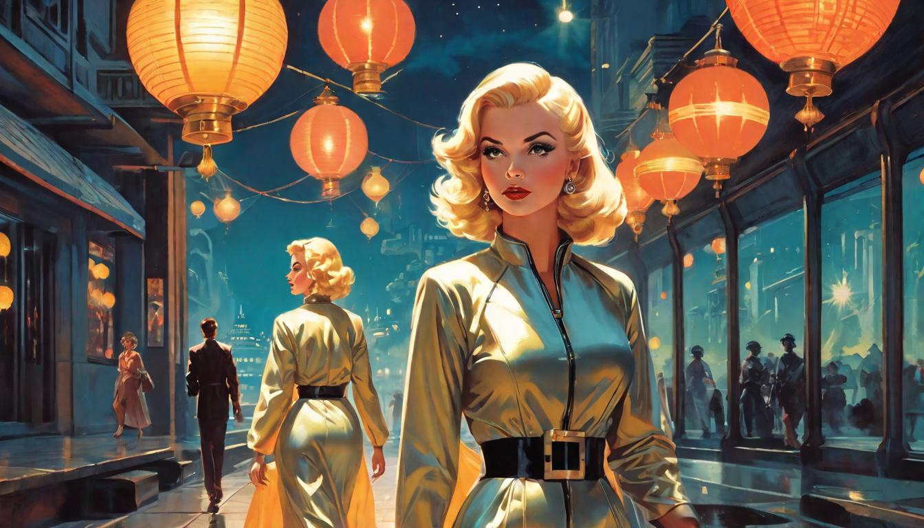  retro futuristic Arian female, large busted, blonde, walking a path lit by lanterns, reflecting authenticity, nightfall lvintage sci fi, 50s and 60s style, atomic age, vibrant, highly detailed