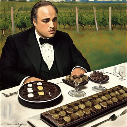  Marlon Brando the godfather, Don Vito in Italy and a vineyard dressed in modern designer attire. Foreground plates of fine dark chocolates on a table. Background vineyard Painting style of Edgar Degas