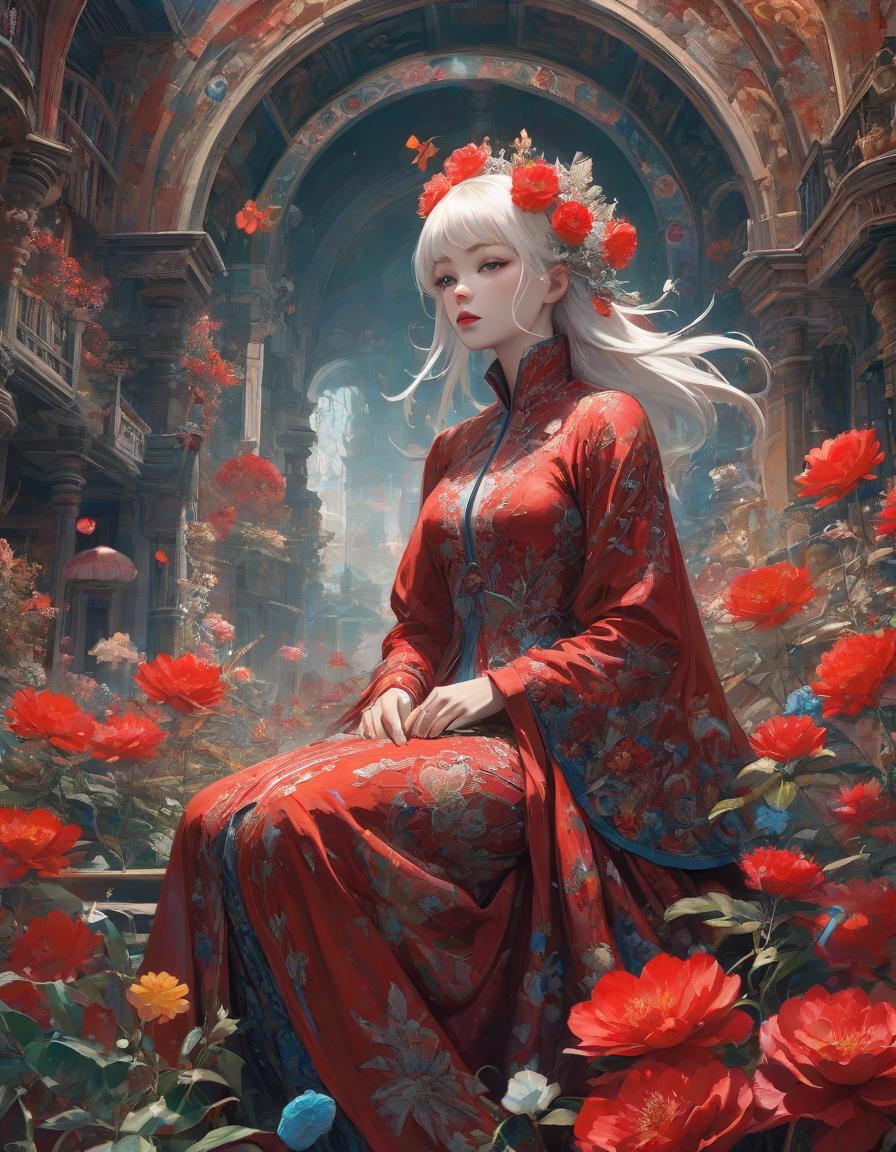  fairy tale official art, unity 8k wallpaper, ultra detailed, beautiful and aesthetic, masterpiece, best quality, (zentangle, mandala, tangle, entangle), (fractal art:1.3) , 1girl, red flowers, extremely detailed, dynamic angle, cowboyshot, the most beautiful form of chaos, elegant, a brutalist designed, vivid colours, romanticism, by james jean, roby dwi antono, ross tran, francis bacon, michal mraz, adrian ghenie, petra cortright, gerhard richter, takato yamamoto, ashley wood, atmospheric . magical, fantastical, enchanting, storybook style, highly detailed hyperrealistic, full body, detailed clothing, highly detailed, cinematic lighting, stunningly beautiful, intricate, sharp focus, f/1. 8, 85mm, (centered image composition), (professionally color graded), ((bright soft diffused light)), volumetric fog, trending on instagram, trending on tumblr, HDR 4K, 8K