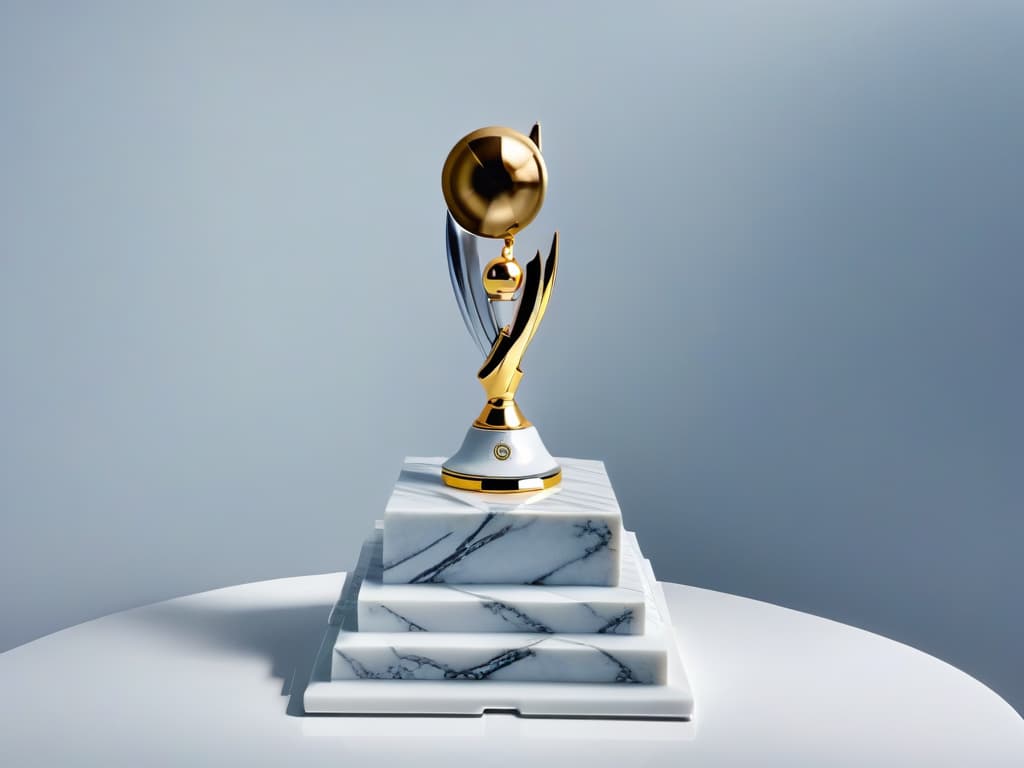  A beautifully designed, minimalistic trophy with elegant engravings, sitting on a pristine white marble pedestal under a soft spotlight. The trophy is sleek and modern, with intricate details that catch the light, symbolizing achievement and recognition in a baking competition. hyperrealistic, full body, detailed clothing, highly detailed, cinematic lighting, stunningly beautiful, intricate, sharp focus, f/1. 8, 85mm, (centered image composition), (professionally color graded), ((bright soft diffused light)), volumetric fog, trending on instagram, trending on tumblr, HDR 4K, 8K