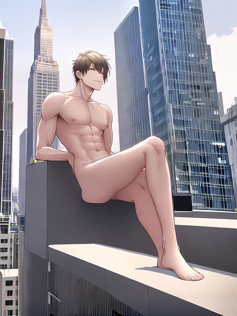  (NSFW) A giant, skinny, young, naked man with long sits on a building in a crowded city