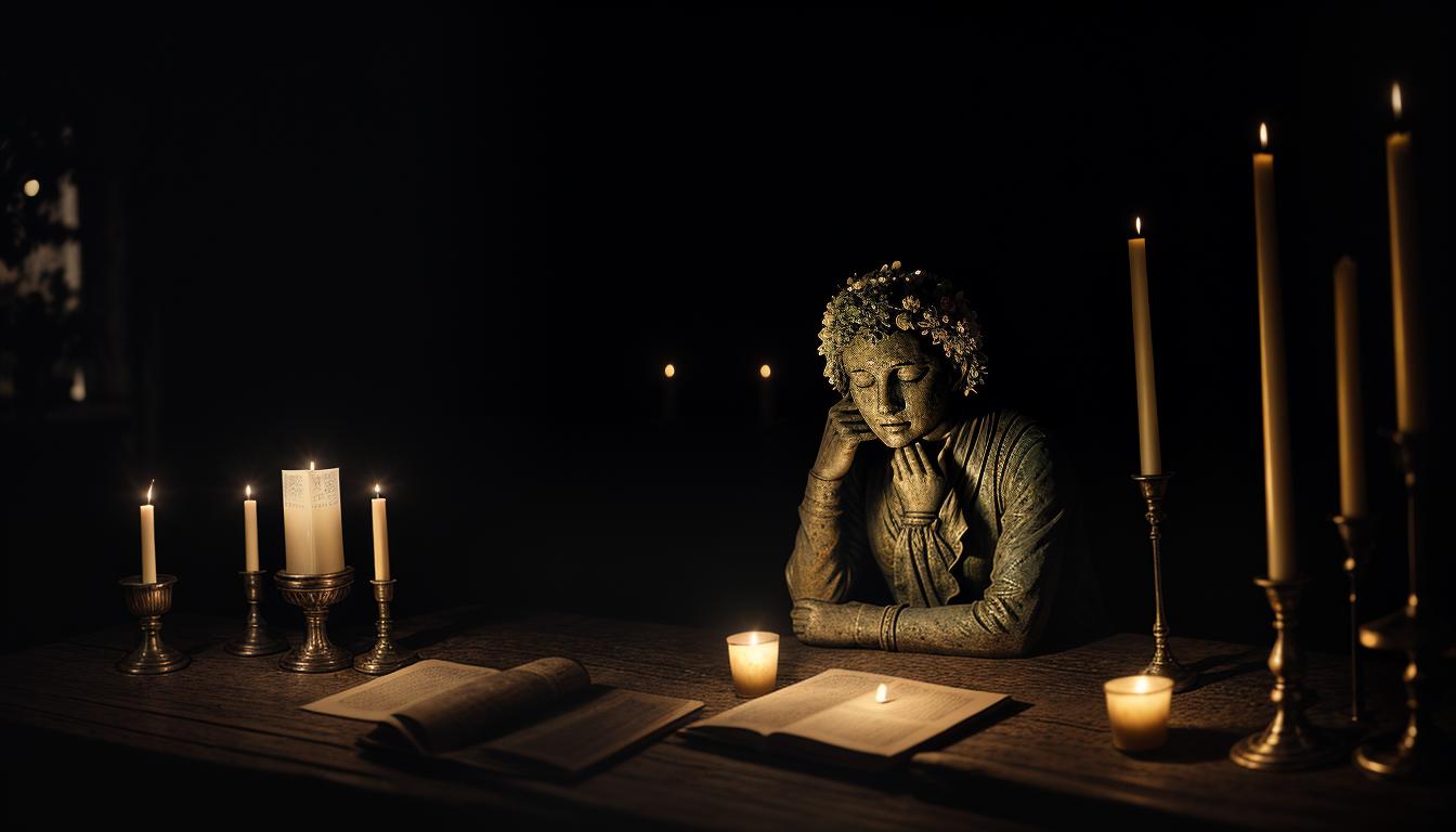  cinematic, aesthetic, A weathered statue, missing pieces, perched on an altar, surrounded by lit candles, offerings of flowers and notes below, dusk setting, weariness, sacrifice, 4k, HDR, lens flare