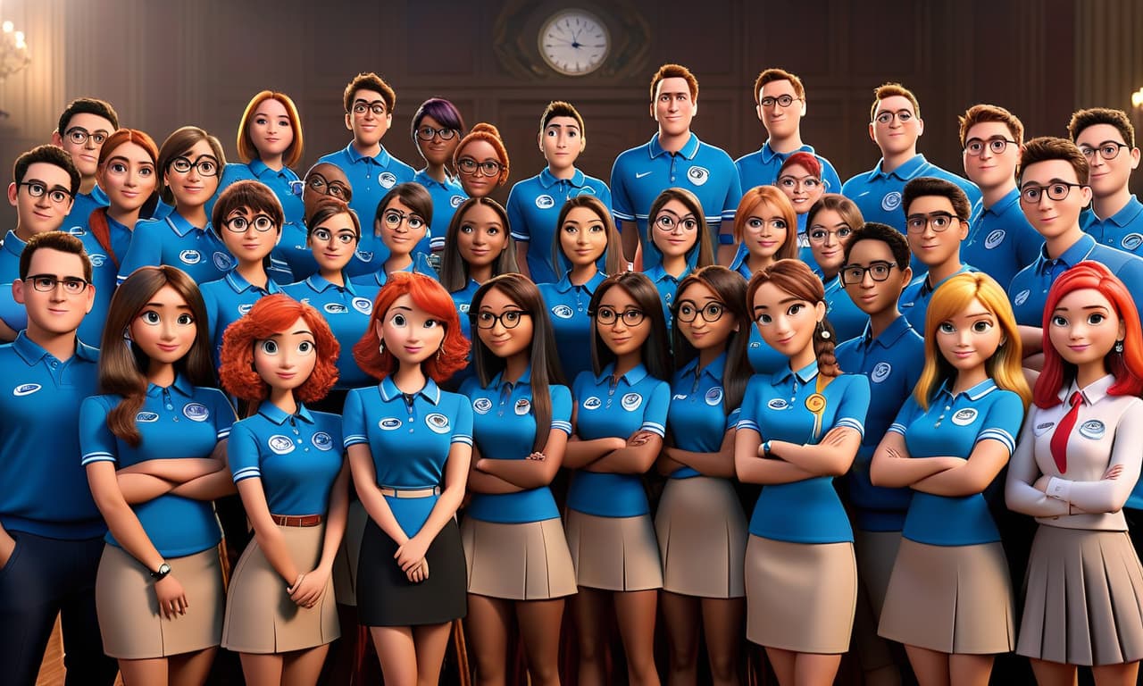  professional 3d model Draw a team of the student council in Pixar's style. There are 15 people in the team. 7 boys and 8 girls. They are welcoming. . octane render, highly detailed, volumetric, dramatic lighting hyperrealistic, full body, detailed clothing, highly detailed, cinematic lighting, stunningly beautiful, intricate, sharp focus, f/1. 8, 85mm, (centered image composition), (professionally color graded), ((bright soft diffused light)), volumetric fog, trending on instagram, trending on tumblr, HDR 4K, 8K