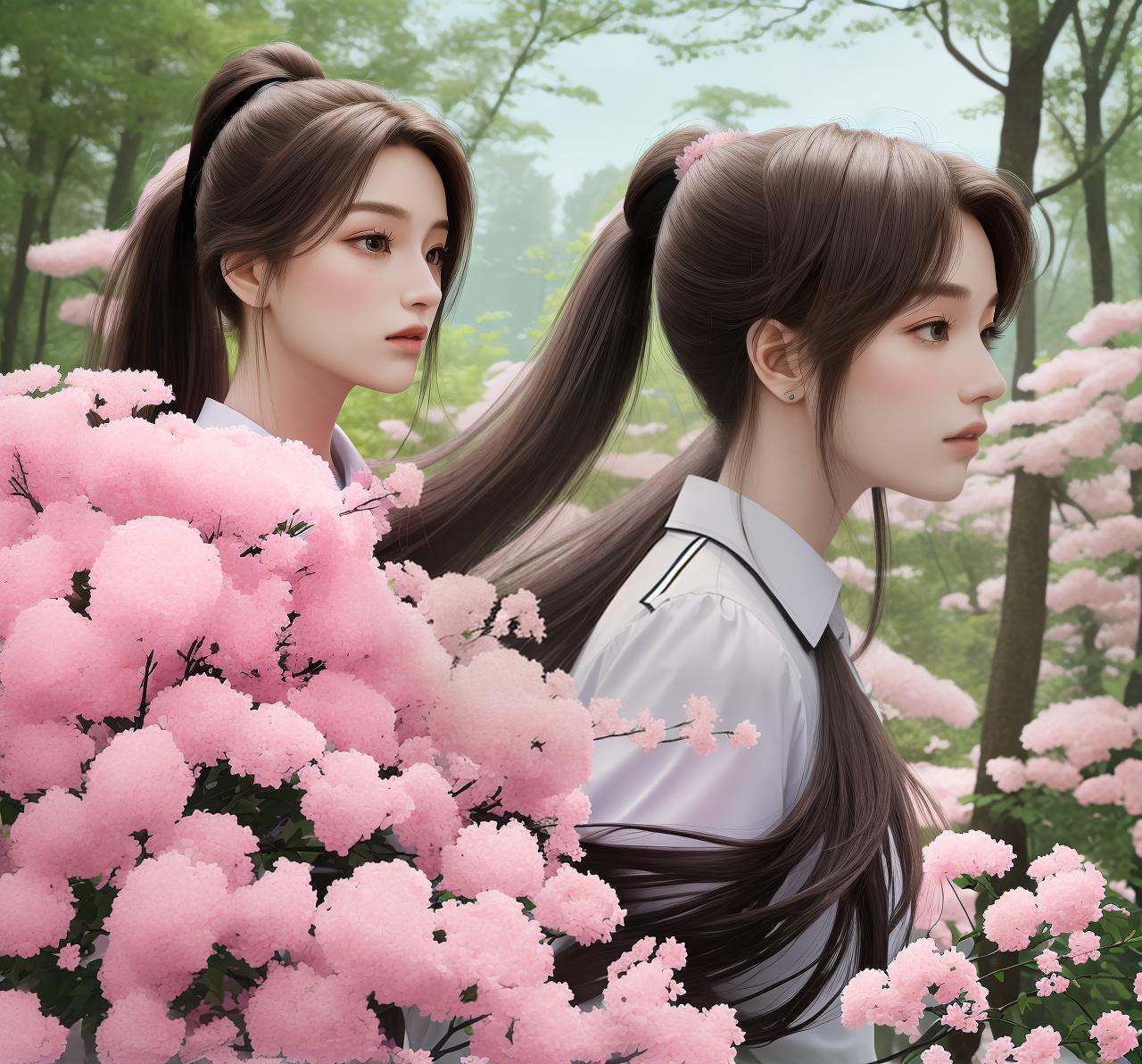  masterpiece, best quality, (masterpiece, best quality, high quality, highres, ultra detailed), realistic looking,1 , the greater, (ponytail:1.1), long hair, celet, (looking away:1.2), (hair floating:1.3), from side, (in forest:1.3), (pink flowers:1.1), (falling petals:1.1), (lens flare from right:1.2)